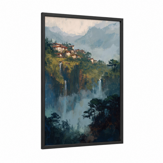 Mountain Village Sanctuary framed art print — black wood frame — blue and green palette