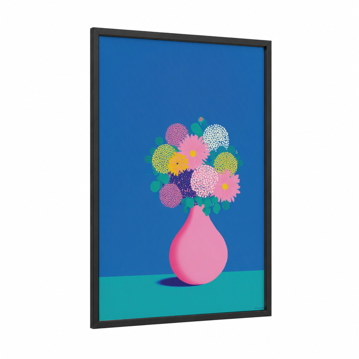 Vibrant Flower Bouquet framed abstract flower print — black wood frame — magenta and blue palette