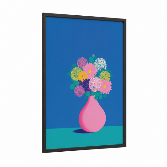 Vibrant Flower Bouquet framed abstract flower print — black wood frame — magenta and blue palette