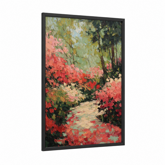 Crimson Garden Path framed rhododendron print — black wood frame — red and green palette