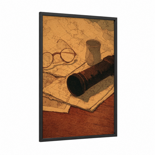 Vintage Spyglass framed art print — black wood frame — gold and brown palette