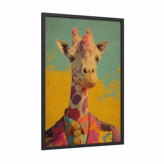 Colorful Giraffe framed vintage fashion print — black wood frame — magenta and gold palette