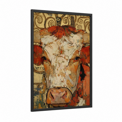 Rustic Longhorn framed longhorn cow print — black wood frame — red and cream palette