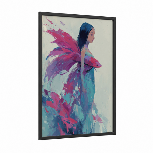 Ethereal Mermaid framed art print — black wood frame — magenta and teal palette