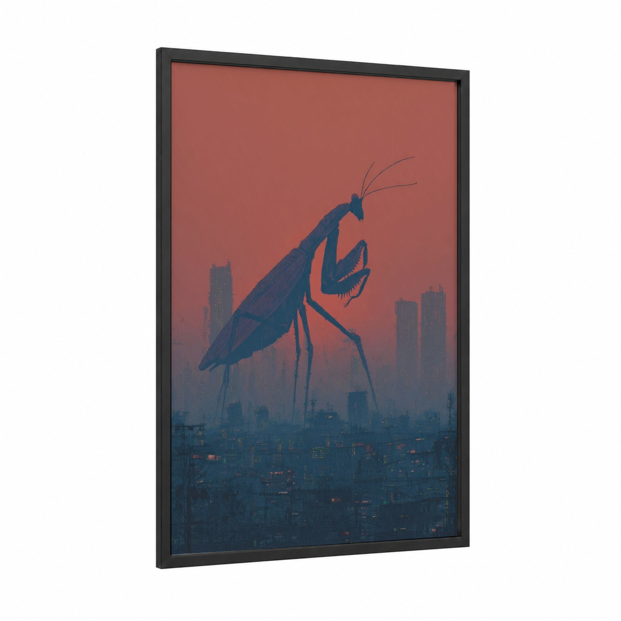 Urban Mantis framed prayin mantis print — black wood frame — russet and dark blue palette