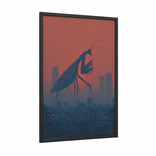 Urban Mantis framed prayin mantis print — black wood frame — russet and dark blue palette