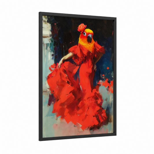 Scarlet Parrot Dance framed safari parrots print — black wood frame — red and blue palette