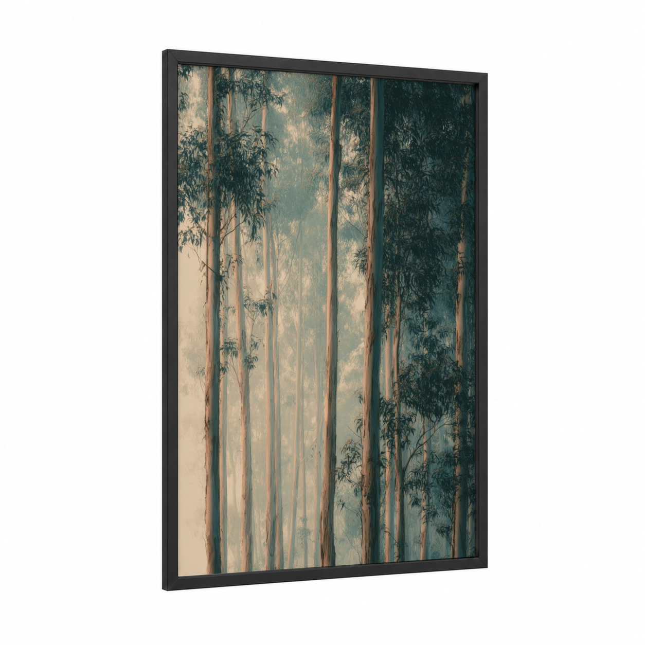 Misty Eucalyptus framed eucalyptus forest print — black wood frame — blue and gold and sage green palette