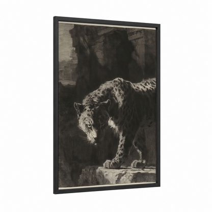 Prowling Leopard framed art print — black wood frame — black and white palette