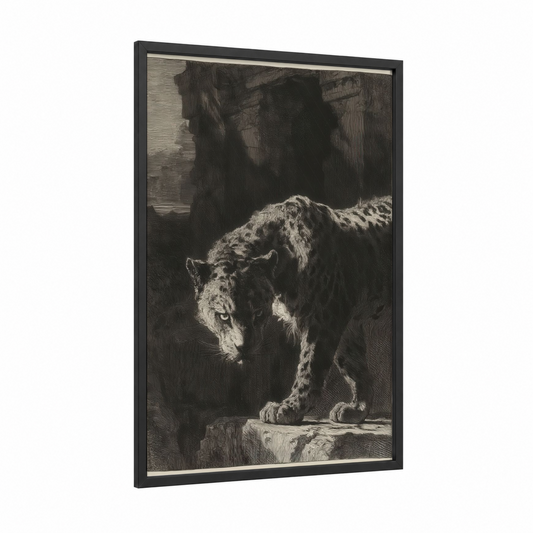 Prowling Leopard framed art print — black wood frame — black and white palette
