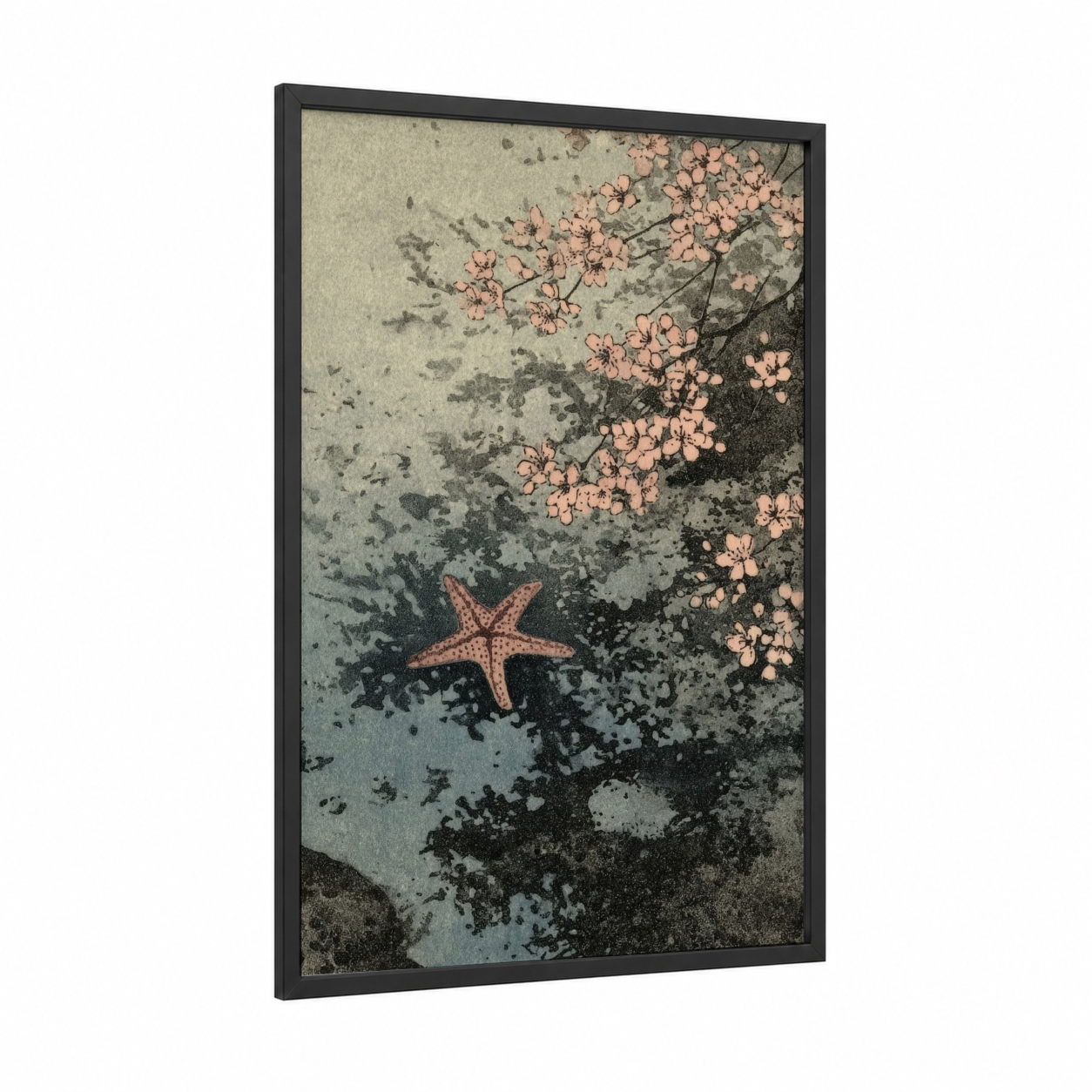 Coastal Starfish framed art print — black wood frame — salmon pink and dove gray palette