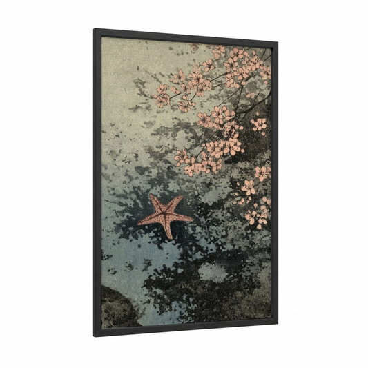 Coastal Starfish framed art print — black wood frame — salmon pink and dove gray palette