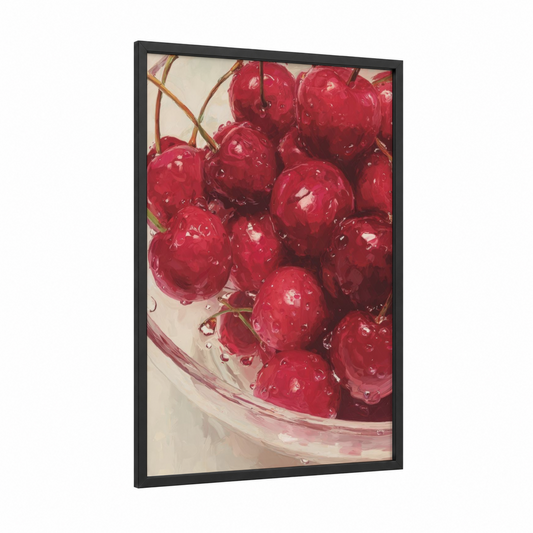 Glossy Cherries framed fruit print — black wood frame — red and cream palette