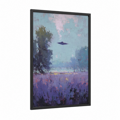 Lavender UFO framed art print — black wood frame — lavender and aquamarine palette