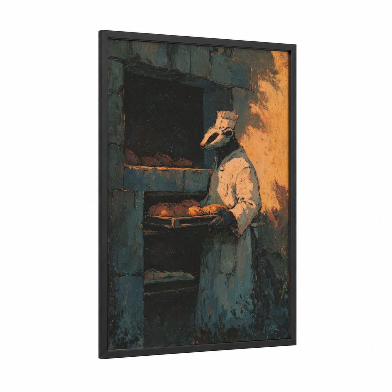 Fireside Badger framed art print — black wood frame — dark blue and yellow gold palette