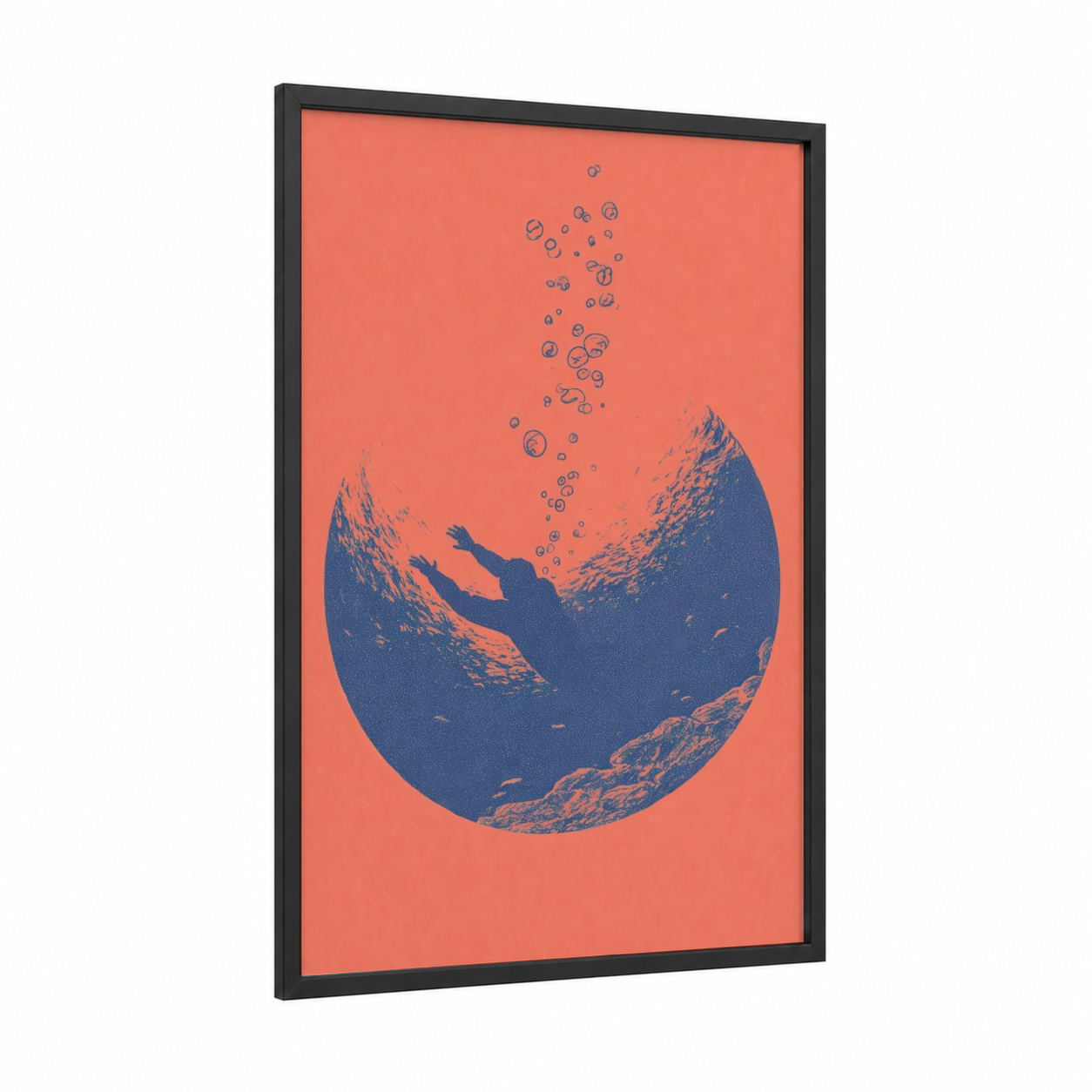Coral Dive framed swimming print — black wood frame — dark blue palette