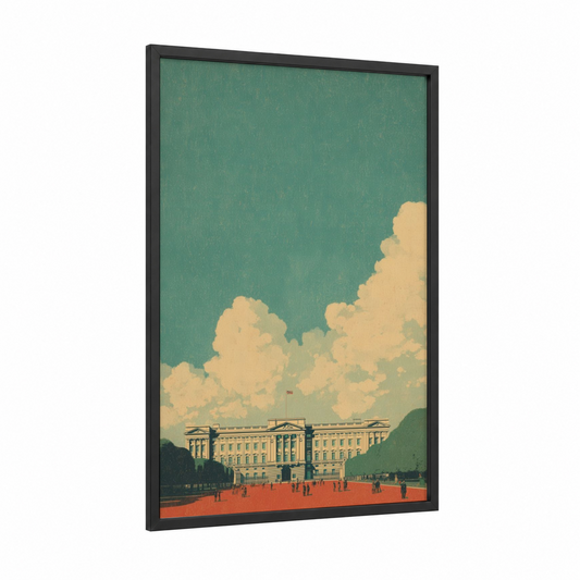 Buckingham Palace Majesty framed art print — black wood frame — teal and gold palette