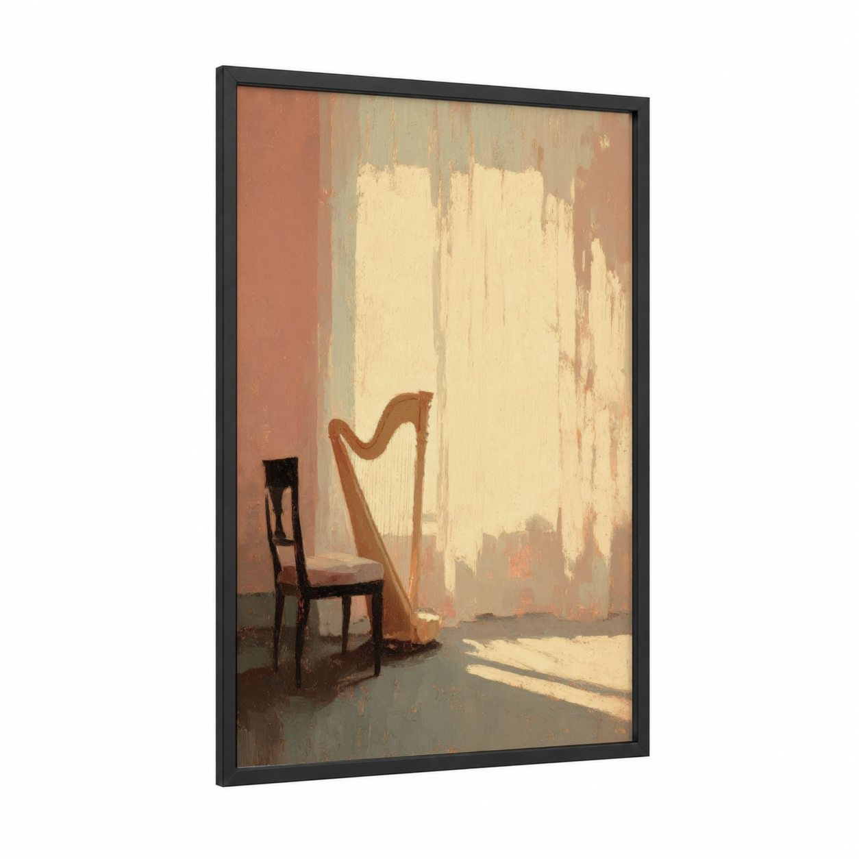 Sunlit Harp framed art print — black wood frame — cream and peach palette
