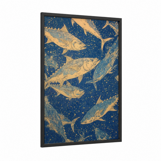 Celestial Tuna framed art print — black wood frame — blue and gold and dark blue palette