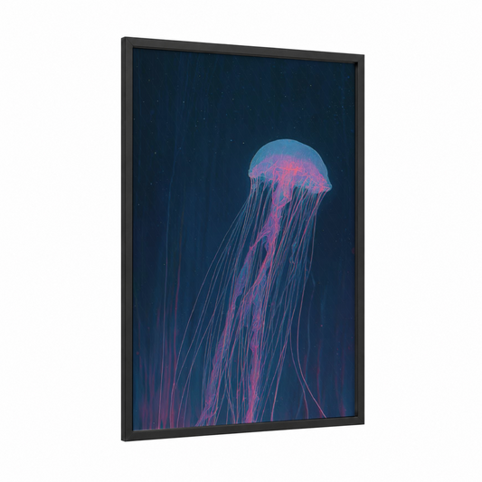 Luminous Jellyfish framed extraterrestrial print — black wood frame — blue and magenta palette