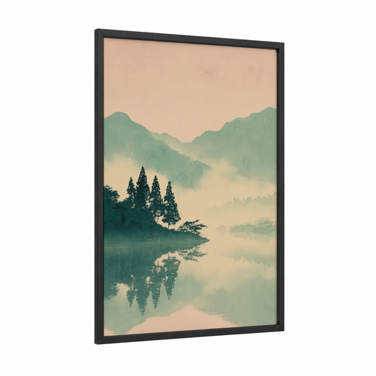 Misty Mountain Lake framed art print — black wood frame — sage green and beige palette