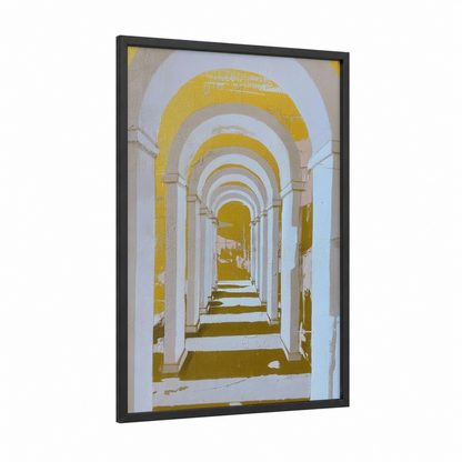Golden Archway framed abstract architecture print — black wood frame — yellow gold and white palette