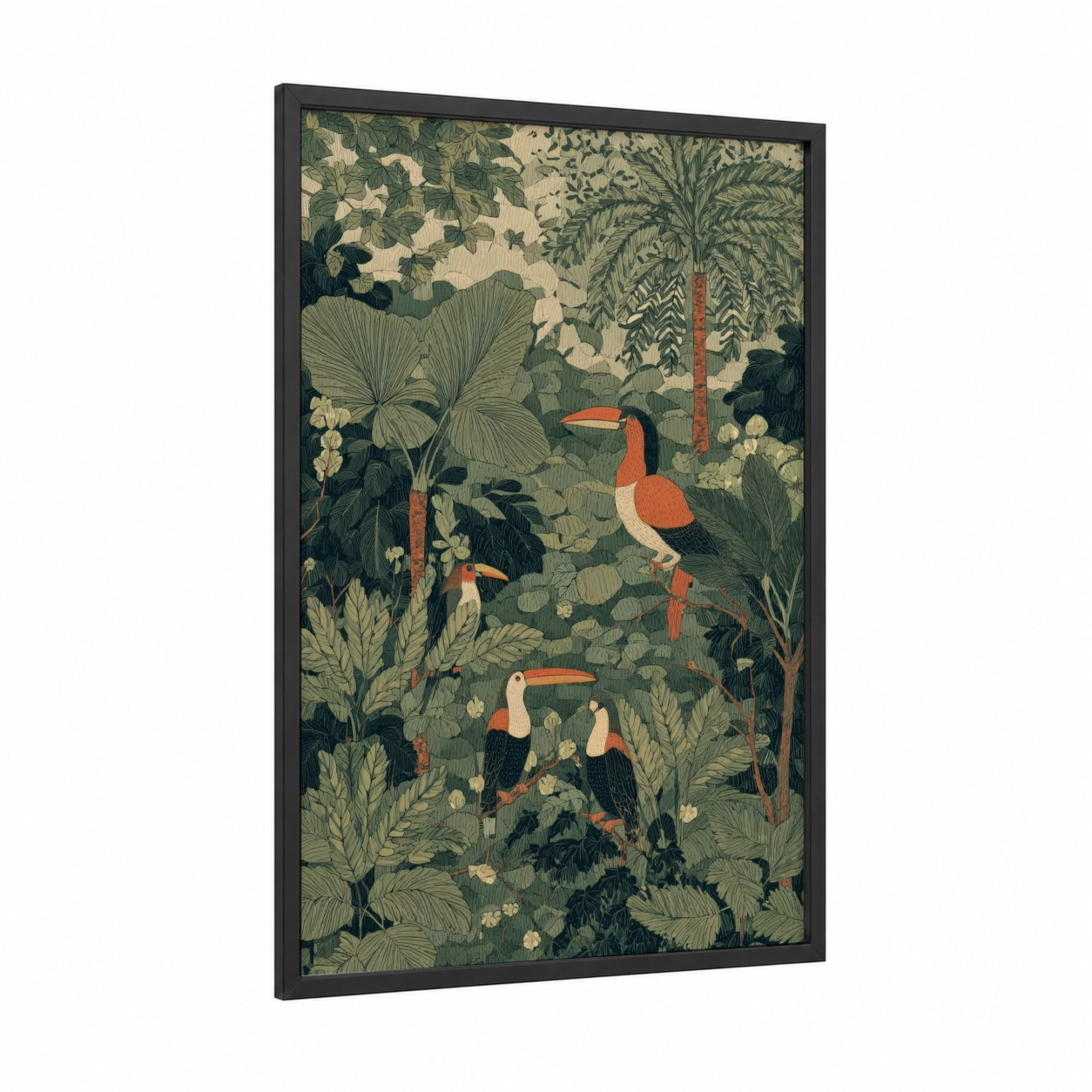 Tropical Toucans framed summer print — black wood frame — dark green and cream palette