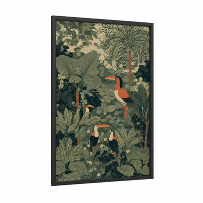 Tropical Toucans framed summer print — black wood frame — dark green and cream palette