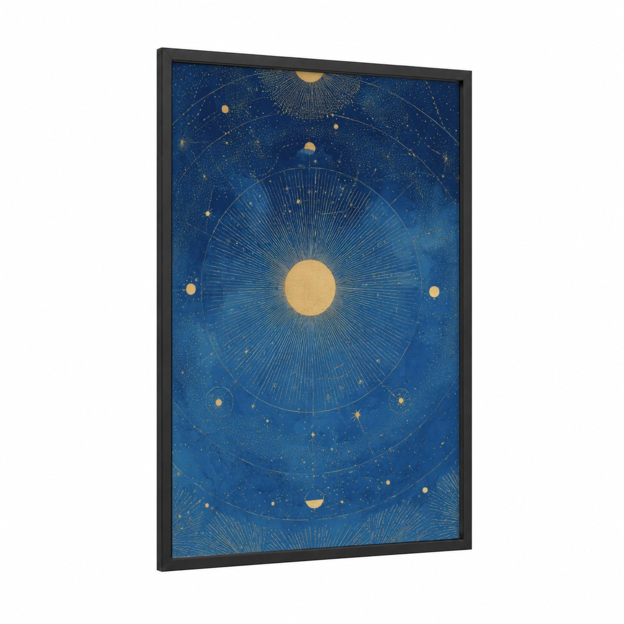 Celestial Mandala framed buddhism print — black wood frame — dark blue and gold palette