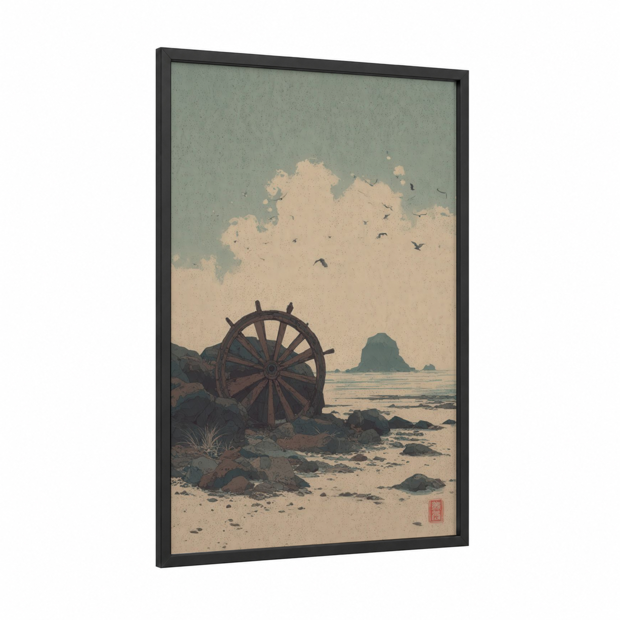 Beached Shipwheel framed art print — black wood frame — sage green and cream palette