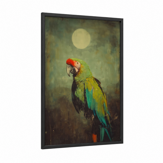 Moonlit Macaw framed safari parrots print — black wood frame — green and gold palette
