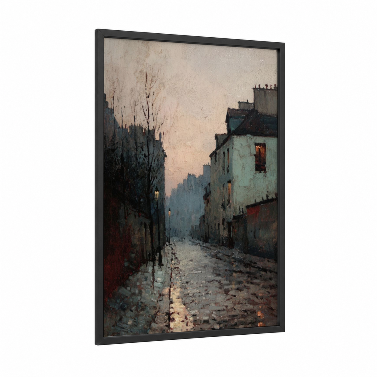 Urban Sunrise framed art print — black wood frame — cream and gray palette