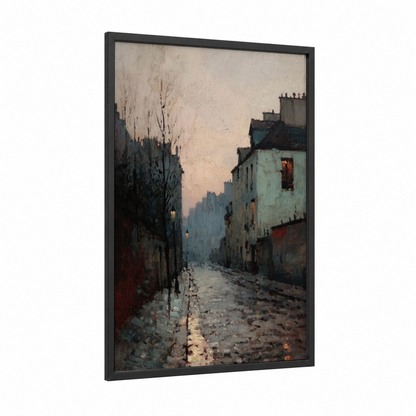 Urban Sunrise framed art print — black wood frame — cream and gray palette