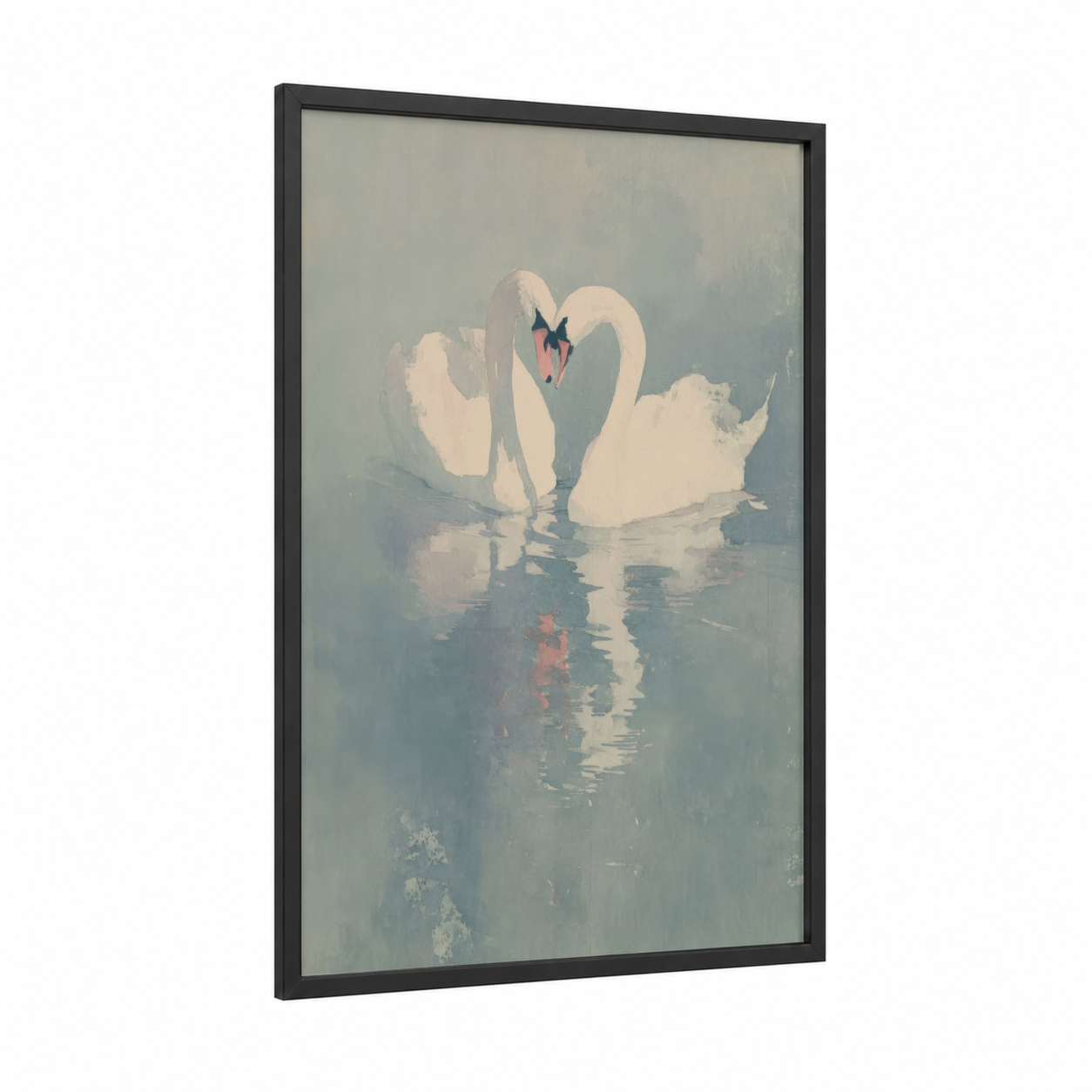 Misty Swan Pair framed valentine's day print — black wood frame — gray and white palette