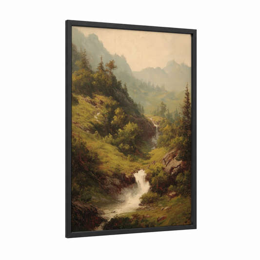 Alpine Valley Stream framed green field print — black wood frame — light green and cream palette