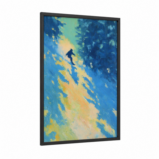 Golden Descent framed snowboarding print — black wood frame — blue and gold and turquoise palette