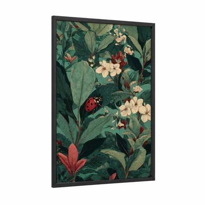 Garden Ladybug framed art print — black wood frame — green and cream palette