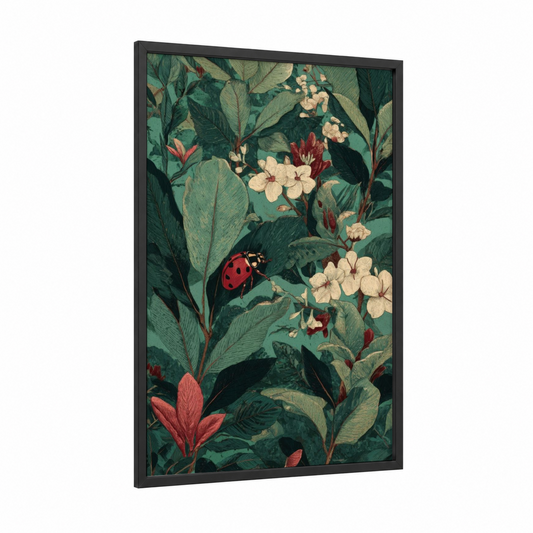 Garden Ladybug framed art print — black wood frame — green and cream palette