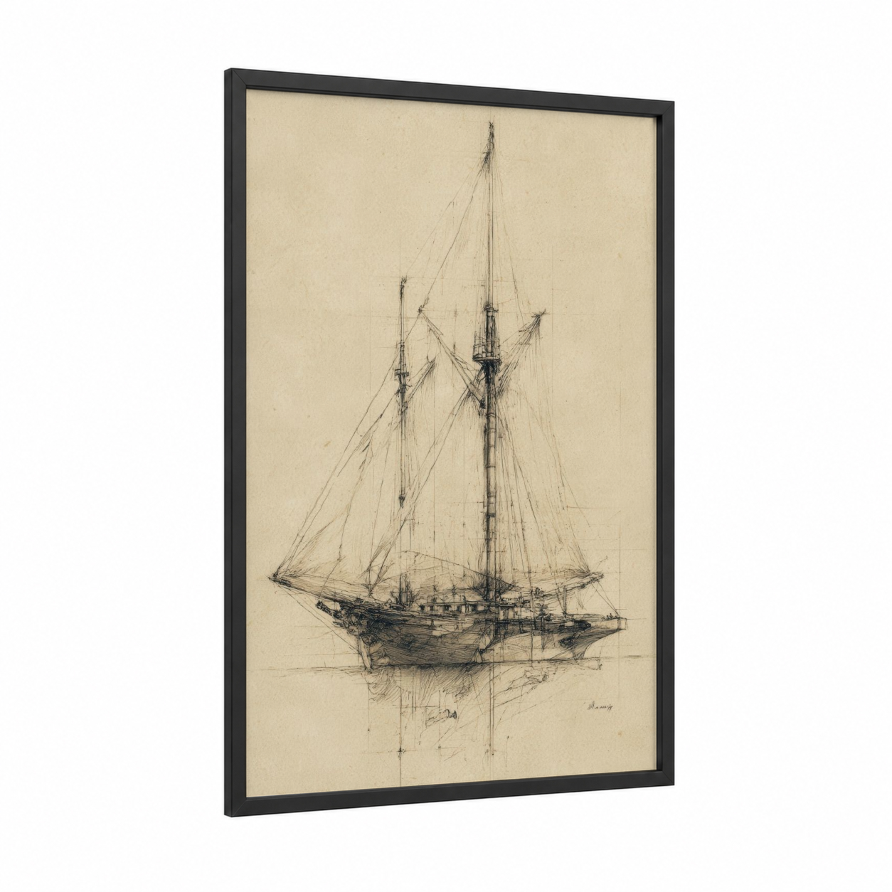 Classical Sailing Ship framed art print — black wood frame — cream and black and white palette