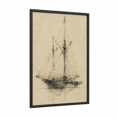 Classical Sailing Ship framed art print — black wood frame — cream and black and white palette