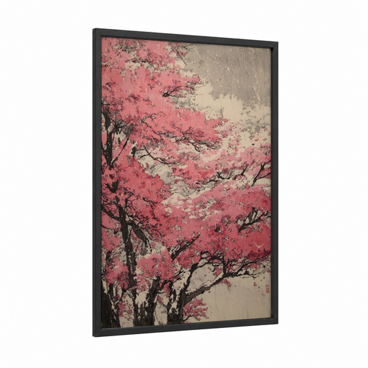 Cherry Blossom Forest framed forest trees print — black wood frame — pink and cream palette