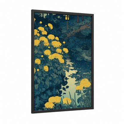 Moonlit Chrysanthemums framed art print — black wood frame — blue and gold palette