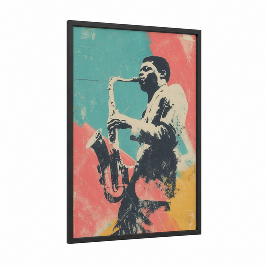 Jazz Saxophonist framed mardi gras print — black wood frame — turquoise and salmon pink palette