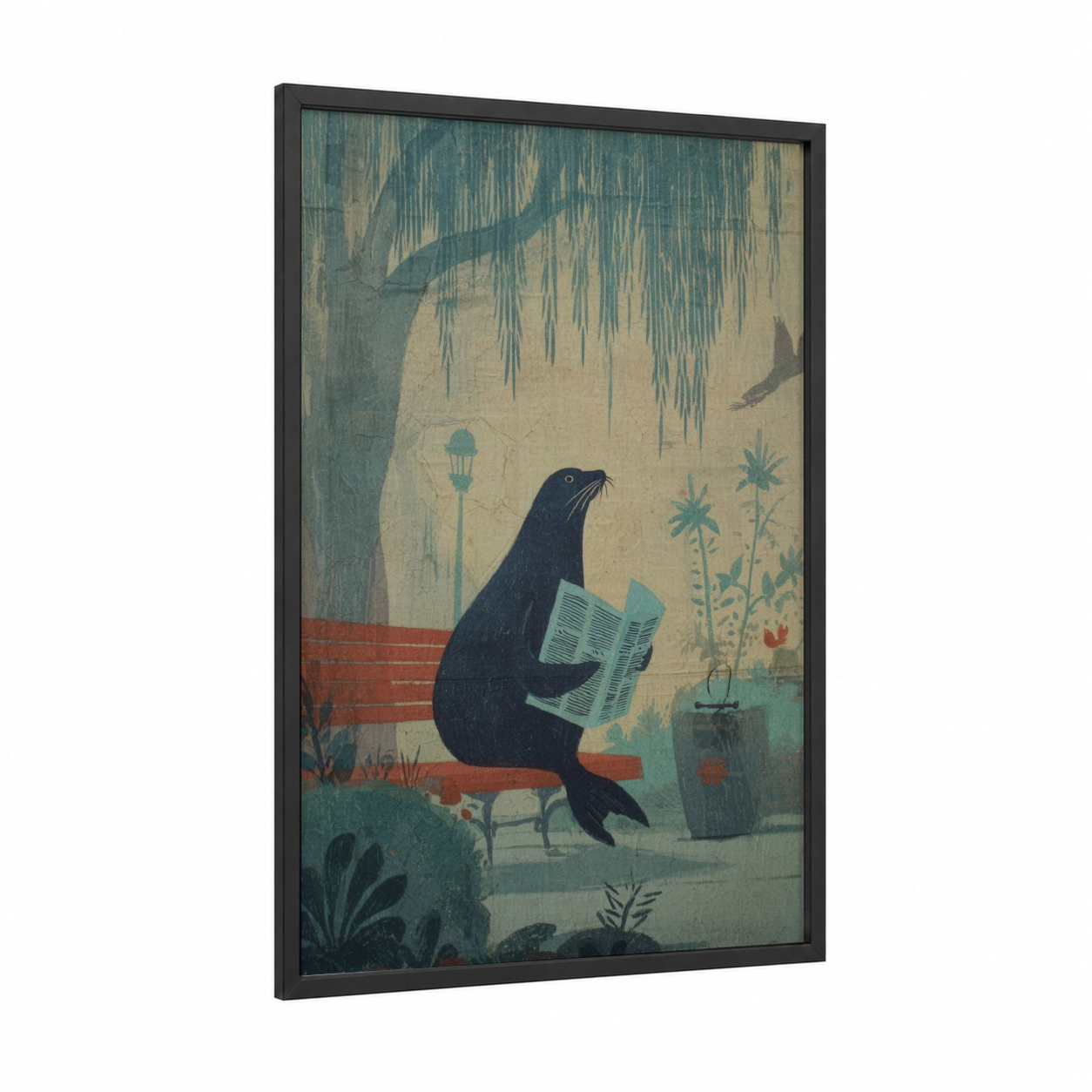 Reading Sea Lion framed art print — black wood frame — teal and cream palette