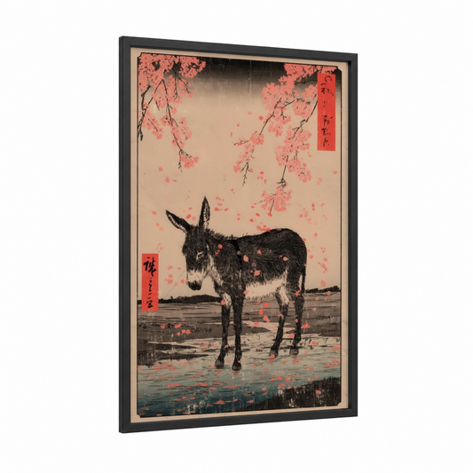 Blossom Donkey framed art print — black wood frame — salmon pink and black and white palette