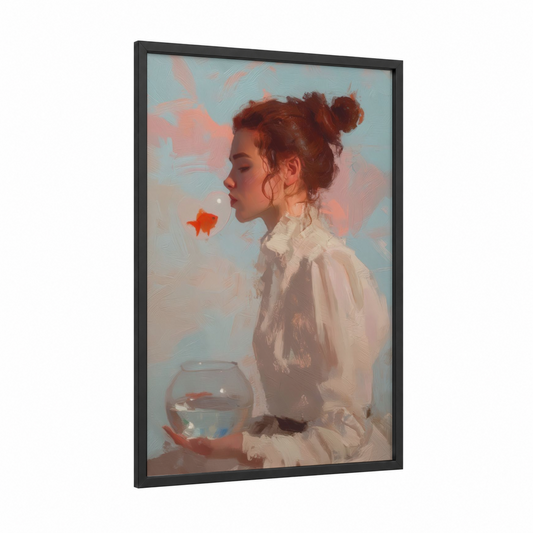 Goldfish Dreams framed art print — black wood frame — peach and aquamarine palette
