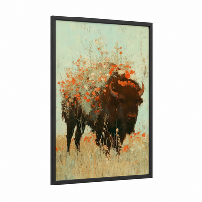 Wildflower Bison framed art print — black wood frame — orange and sage green palette