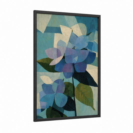 Abstract Hydrangea framed art print — black wood frame — teal and blue and gray palette