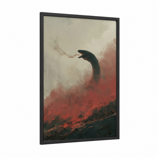Infernal Basilisk framed art print — black wood frame — red and black palette