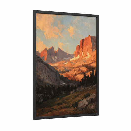 Golden Sierra Sunset framed sierra nevada print — black wood frame — gold and russet palette